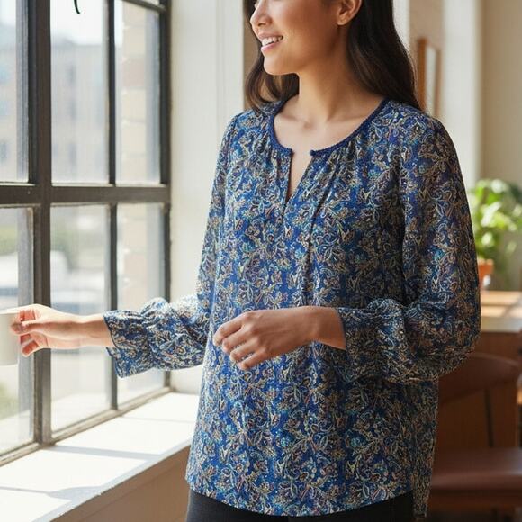 Daniel Rainn Blue Paisley Keyhole Blouse Womens Medium Long Sleeve Career Top - Picture 5 of 10